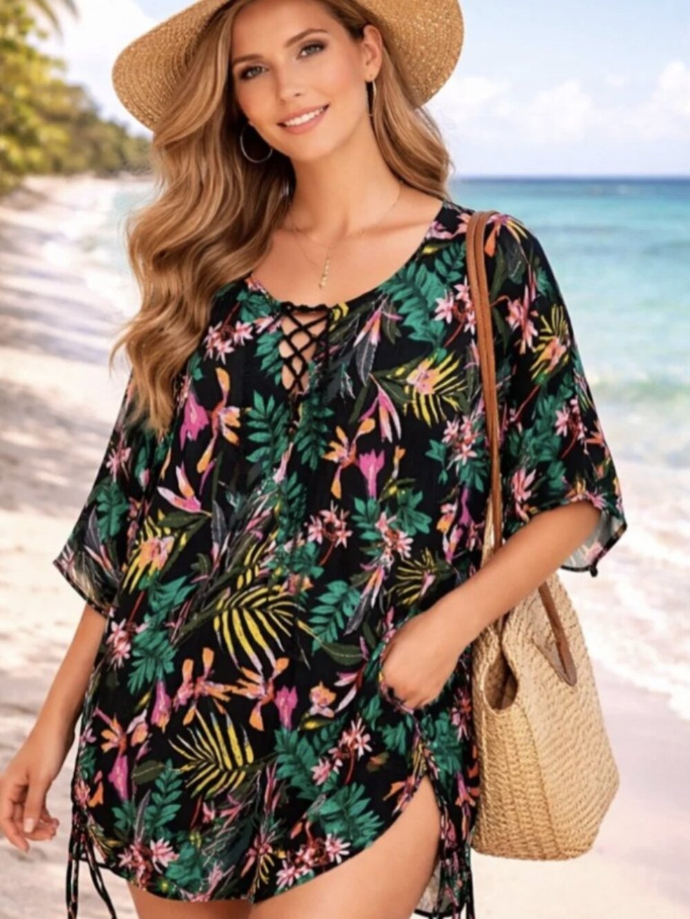 Old Navy Sz L Swim Cover Up Tropical Leaf Crinkle Gauze Caftan